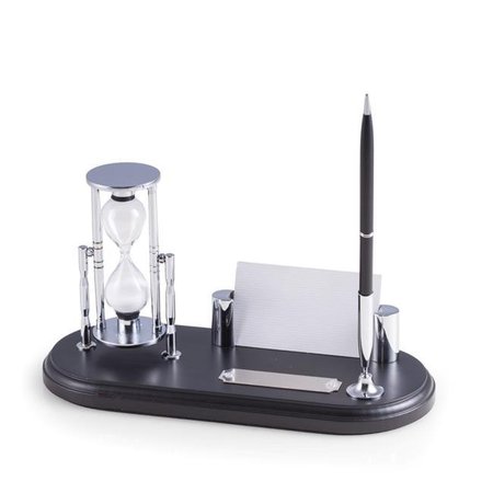 BEY BERK INTERNATIONAL Bey-Berk International D819 Black Wood & Chrome Plated Pen Stand with 3 Minute Sand Timer Business Card Holder D819